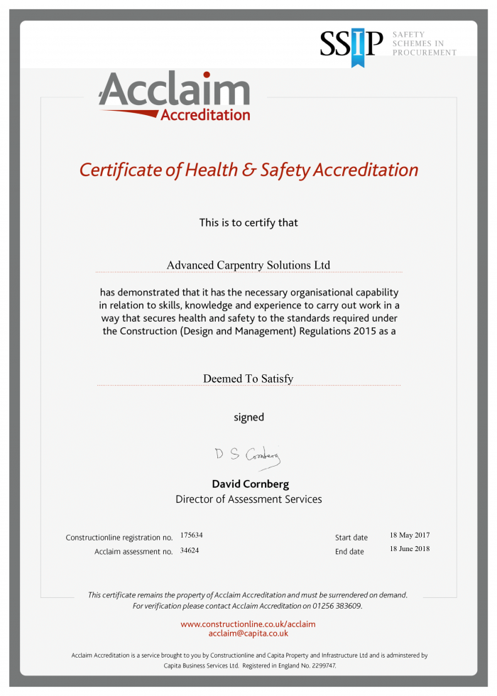 CONSTRUCTIONLINE ACCLAIM ACCREDITATION-2018 | Advanced Carpentry Solutions